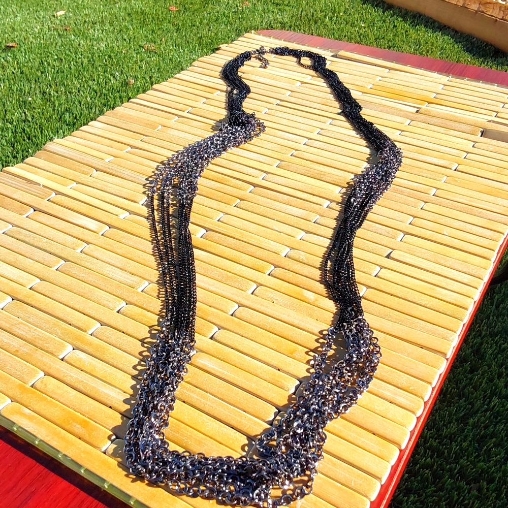 Mixed Metal Chain Long Necklace Black Silver